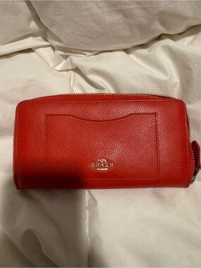 Coach Red Pebbled Leather Zip Wallet with Gold Logo